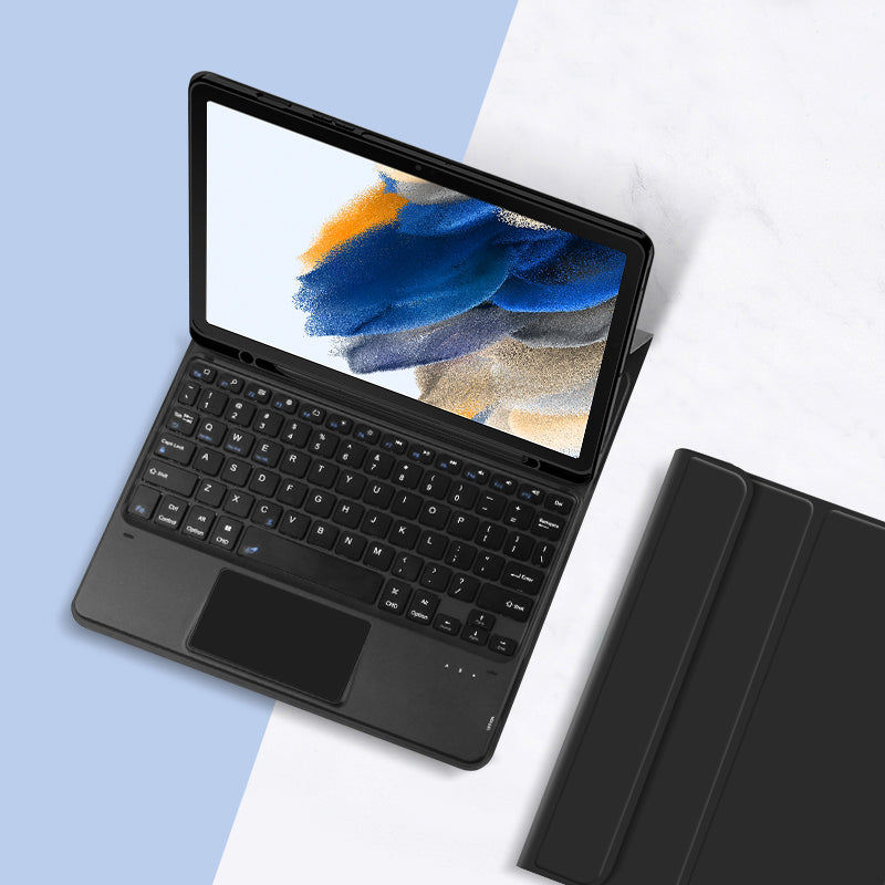 Pro Samsung Galaxy Tab A8 10.5 (2021) Bluetooth klávesnice + odnímatelné pouzdro z PU kůže se slotem pro pero a touchpadem Pro Samsung Galaxy Tab A8 10.5 (2021) Bluetooth klávesnice + odnímatelné pouzdro z PU kůže se slotem pro pero a touchpadem